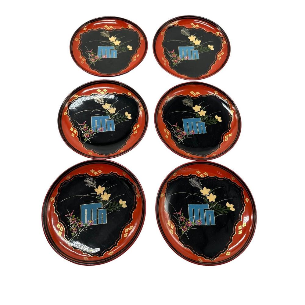 Antique Japanese Black Lacquer Small Plate Set of 6 6.5"